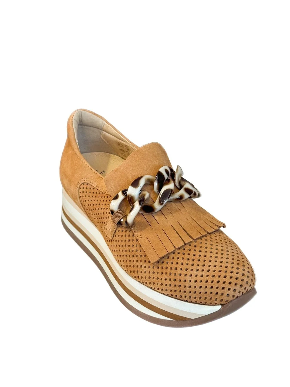Softwaves Tan Suede Fringe Loafers with Tortoiseshell Chain